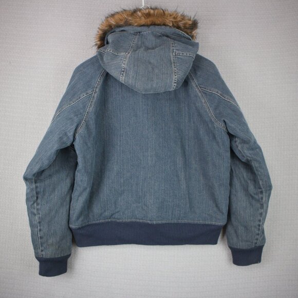 DKNY Jeans Faux Fur Denim High Neck Hooded Jacket - Picture 3 of 8